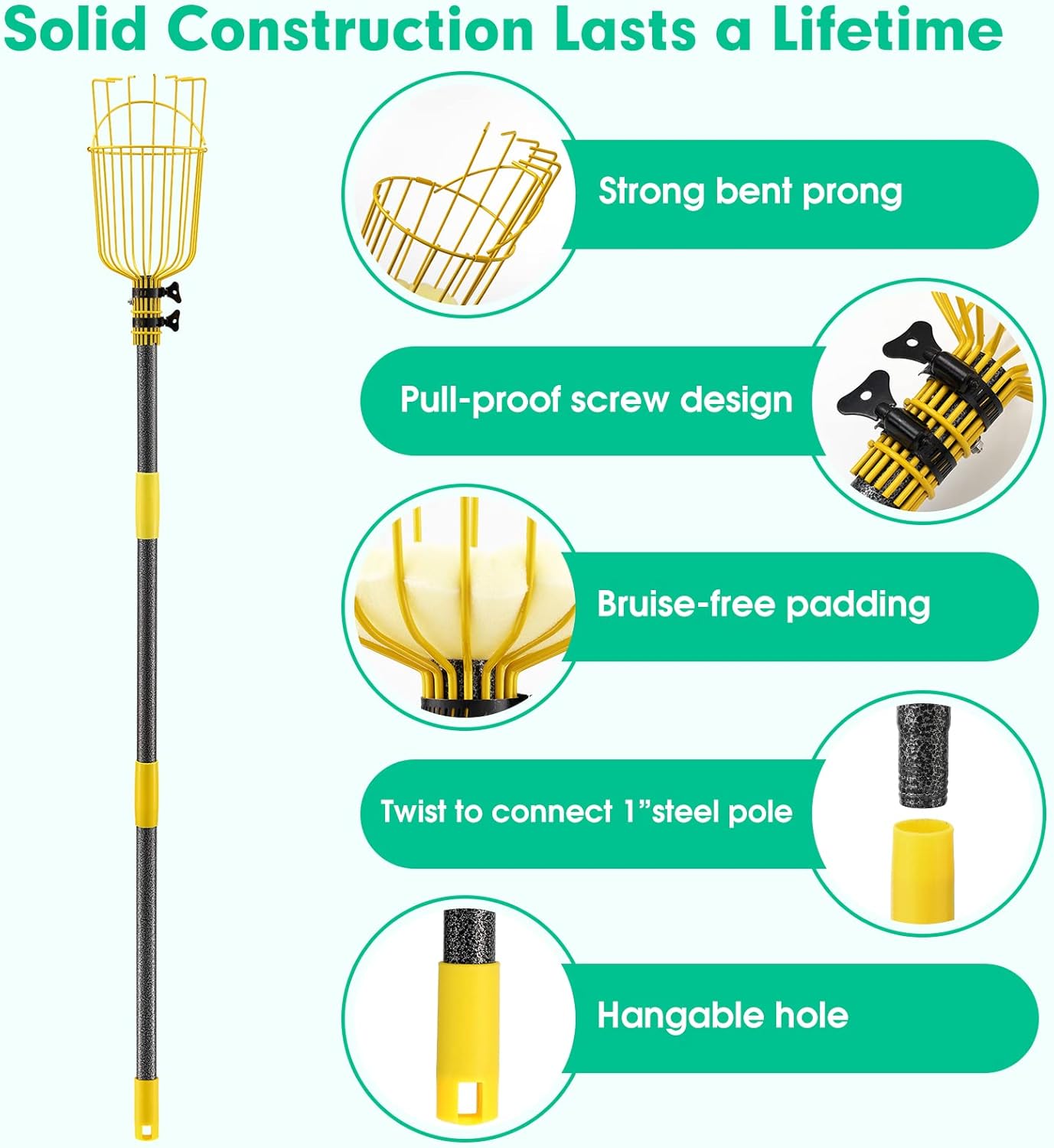 Fruit Picker Pole with Basket,8FT Long Heavy Duty Mango Picker Tool with Adjustable Fruits Picking Pole, Fruits Picking Grabber for Lemon,Apple,Almonds,Avocados