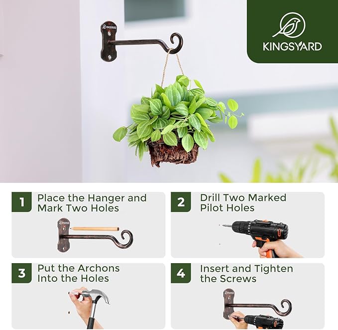 Kingsyard 4 Pack Wall Plant Hanger - Heavy Duty Metal Hanging Bracket Hooks for Hanging Plant Bird Feeders Lanterns Wind Chimes Indoor/Outdoor. Antique Copper
