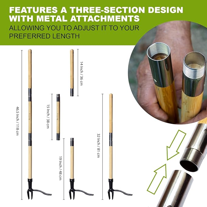 46 Inch Weed Puller Tool with Long Handle, Bamboo Grip & 4 Claw Steel Head, 3-Section Design for Easy Weed Removal Without Bending, Pulling or Kneeling, Durable Stand Up Gardening Tool