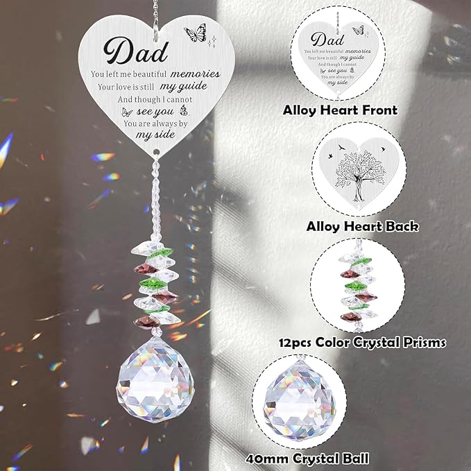 Memorial Suncatcher Gifts for Loss of Dad, Sympathy Gifts for Loss of Dad, Dad in Heaven Memorial Crystal Suncatcher for Window Home Decor (Dad)