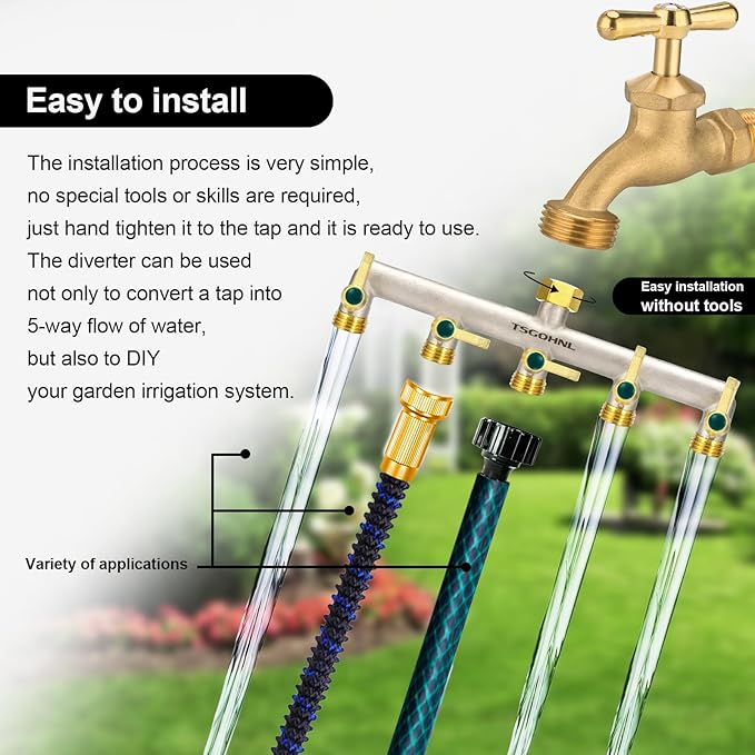 Brass Garden Hose Splitter, Outdoor Frostproof Faucet Splitter, 5-Way, Heavy Duty, Nickel Plated, Rustproof Faucet Splitter