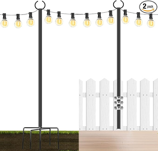 String Lights Poles Outdoor 10.3FT, 2 Pack 2 in 1 Upgraded Metal Light Poles for Hanging String Lights, Outside Lighting Stand with Hooks for Wedding, Parties, Deck, Garden, Fence Decor