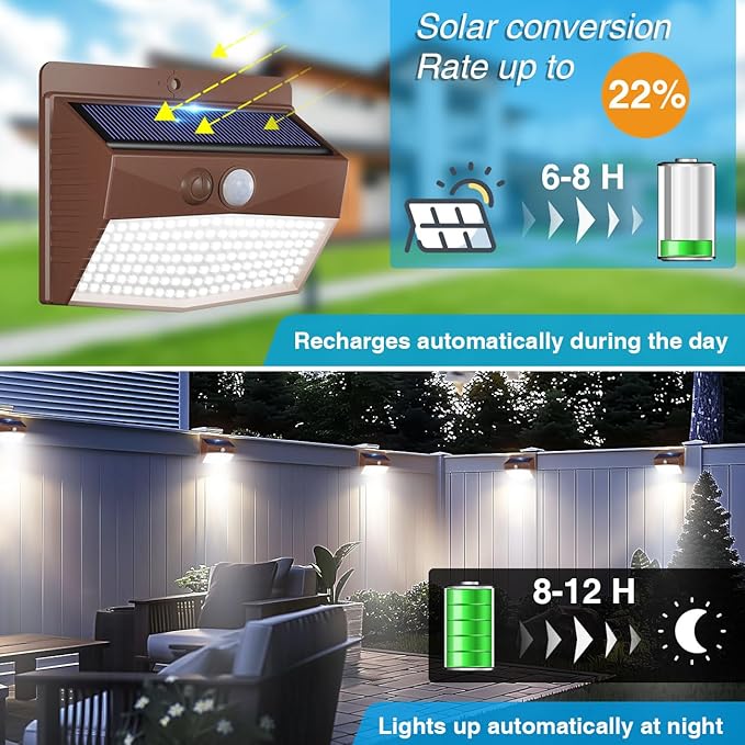 Peasur 6 Packs Solar Outdoor Lights Motion Sensor Solar Security Lights Waterproof with 3 Lighting Modes Solar Powered Wall Lights Outside for Garden Fence Yard Deck, Brown