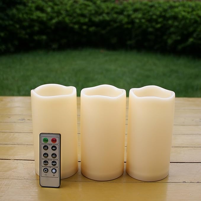 iZAN 3-Pack Outdoor Flameless LED Battery Operated Candles with Remote Waterproof Flickering Electric Pillar Candles for Halloween Chirstmas Home Wedding Party Festival Décor Long Battery Life 3”x6”