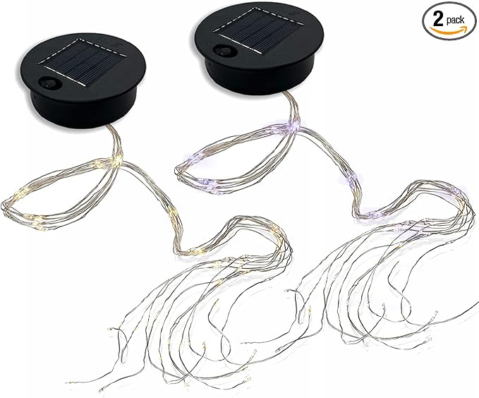 2 Pack Solar Watering Can String Lights Replacement Top - Round Solar Panel Outdoor Waterproof 32 Ft LED Copper Wire Hanging Lanterns Solar Lantern Battery Box Replacement Accessories(Warm/Cold)