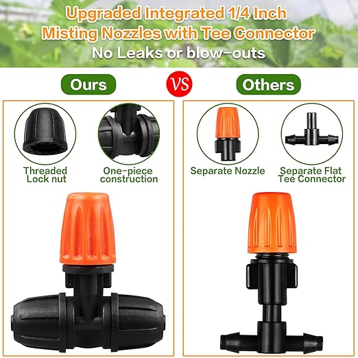 Upgraded Three-Way Atomizing Nozzle for 1/4 Inch Irrigation Tubing, 24 Pcs Adjustable Micro Spray Irrigation Emitters with Integrated 1/4 Inch Tee Fittings for Misting Watering System