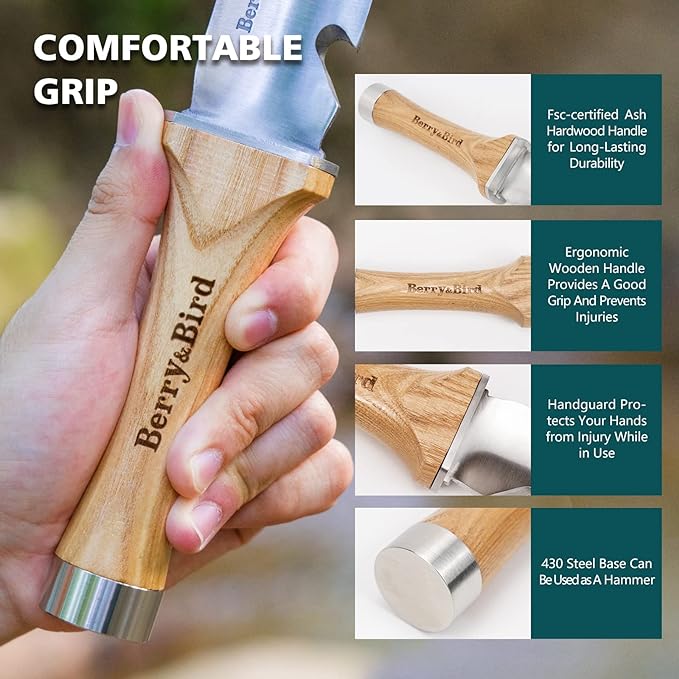 Berry&Bird Hori Hori Garden Knife, Multipurpose Gardening Knife with 7" Stainless Steel Double Edge Sharp Blade, Soil Knife with Leather Sheath, Full-Tang Gardening Tools for Gardening Weeding Digging