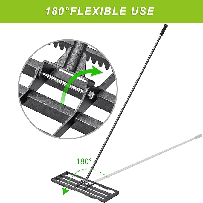 Lawn Leveling Rake with Rounded Edges, 30 x 10'' Leveling Rake with Tines for Soil, Heavy Duty Lawn Leveling Tool with 7FT Handle, Yard Leveling Rake for Farm, Garden, Backyard