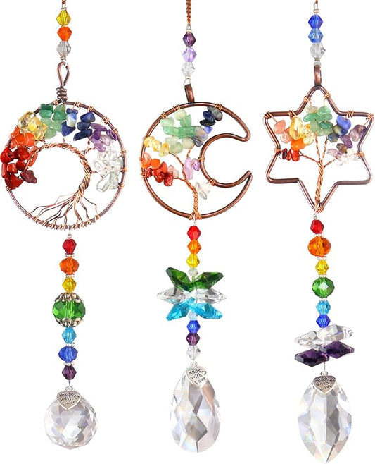 3pcs Rainbow Chakra Crystal Suncatcher Windows Hanging Tree of Life Sun Catchers Decor with Prisms for Car, Feng Shui Charms Decor for Home