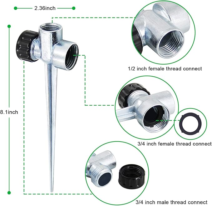 Twinkle Star 1/2 Inch Zinc Flow Thru Lawn Sprinkler Spike Base, Watering Sprinklers for Yard, Lawn and Grass Irrigation (6 Pack)