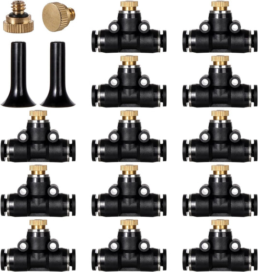 12 Pack Brass Misting Nozzles Outdoor Cooling System with 12 Heavy Duty Misting Nozzle,12 Tees,2 Brass Plugs,2 Black Plugs for Outdoor Cooling system