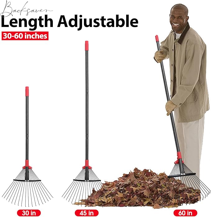 Rake, Adjustable Rake for Leaves with 9”-17” Rake Head, Rakes for Lawns Heavy Duty, 60 in Garden Rake with 18 Clog-Free Tines, Long Handle, Metal Rakes Tool for Gardening, Fast Cleanup Camping Rake