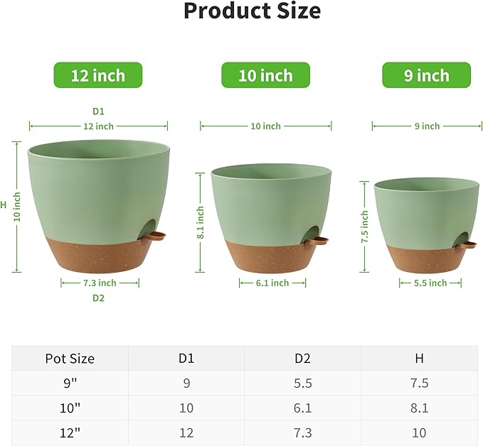 FaithLand 3-Pack Large Planter Pots, 12 10 9 Inch Self Watering Flower Pots for Indoor Outdoor Garden Plants, Green with Brown