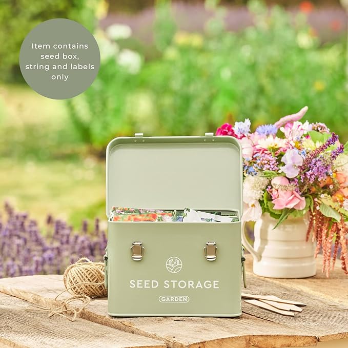 Seed Storage Box – Metal Seed Packet Organizer with Garden String and Bamboo Plant Labels. Seed Container Storage Delivering Complete Seed Saving Organization for Every Garden Lover.