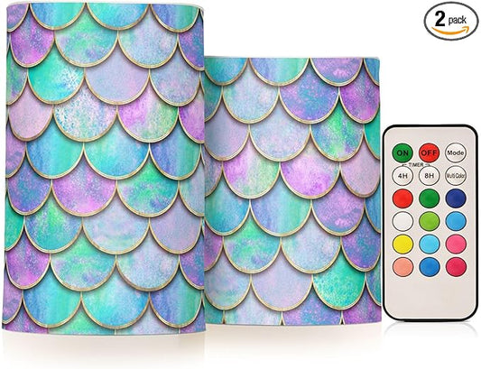 Vdsrup Flameless Candles Set of 2 Purple Teal LED Candles with Timer Battery Operated Mermaid Scale Candle Lights Flickering with Remote for Home Bedroom Decor