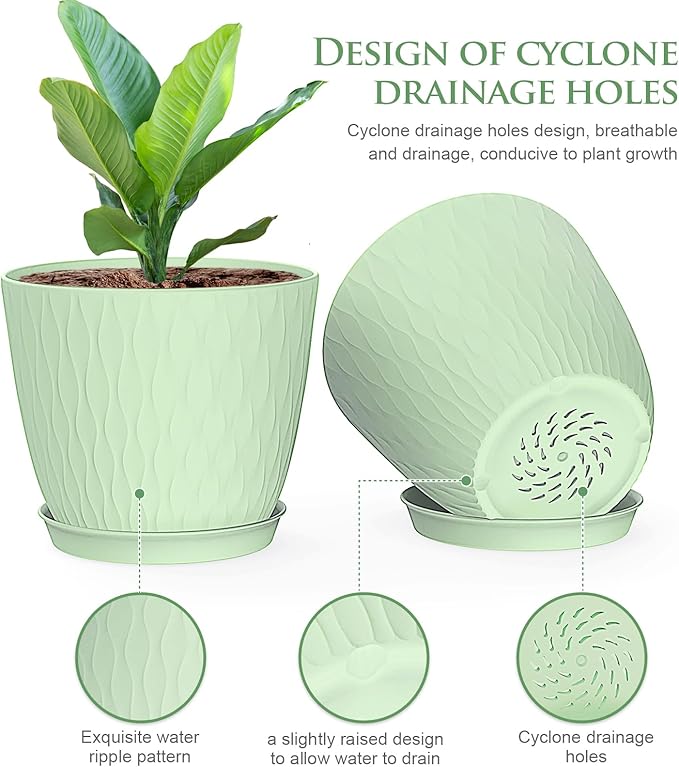6 inch Plant Pots, 5 Pack Flower Pots with Drainage Holes and Saucers for Indoor Plants, Plastic Planters with Water Ripple for Small Garden House Plants, Nursery Pots for Succulent, Green