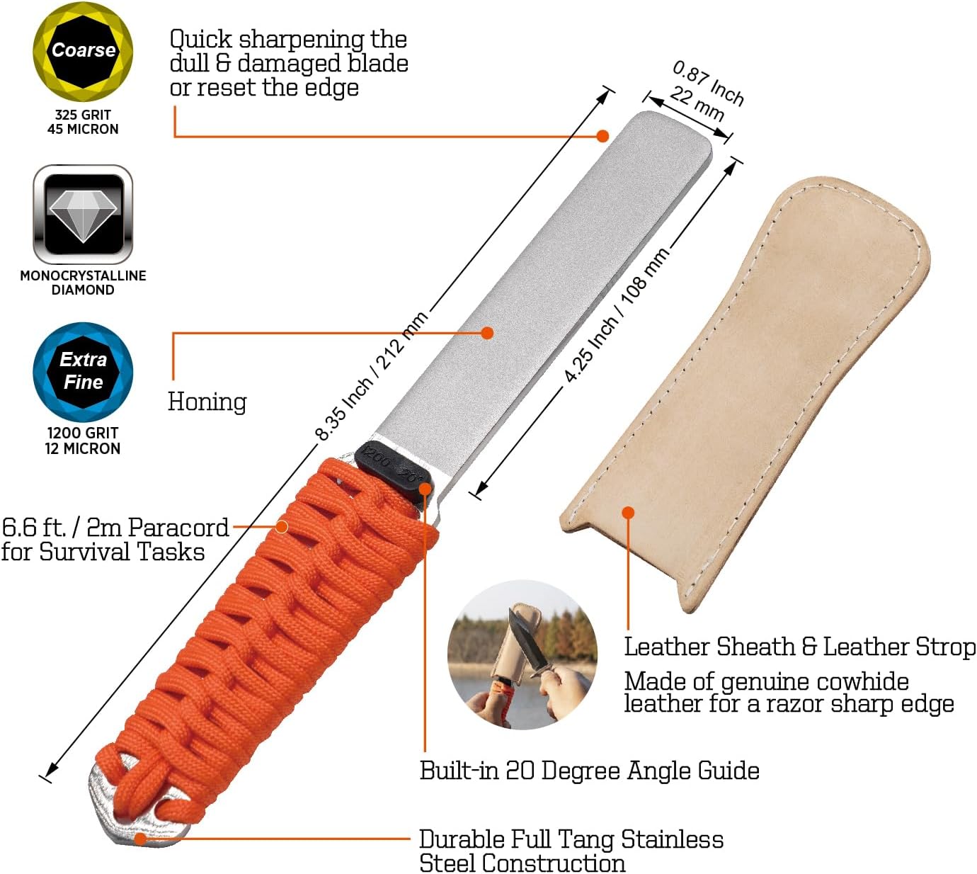 SHARPAL 181N Dual-Grit Diamond Sharpening Stone File Garden Tool Knife Sharpener with Leather Strop Coarse 325 / Extra Fine 1200 Grit for Lawn Mower Blade, Axe, Hatchet, Hedge Shears, Chisels, Drills