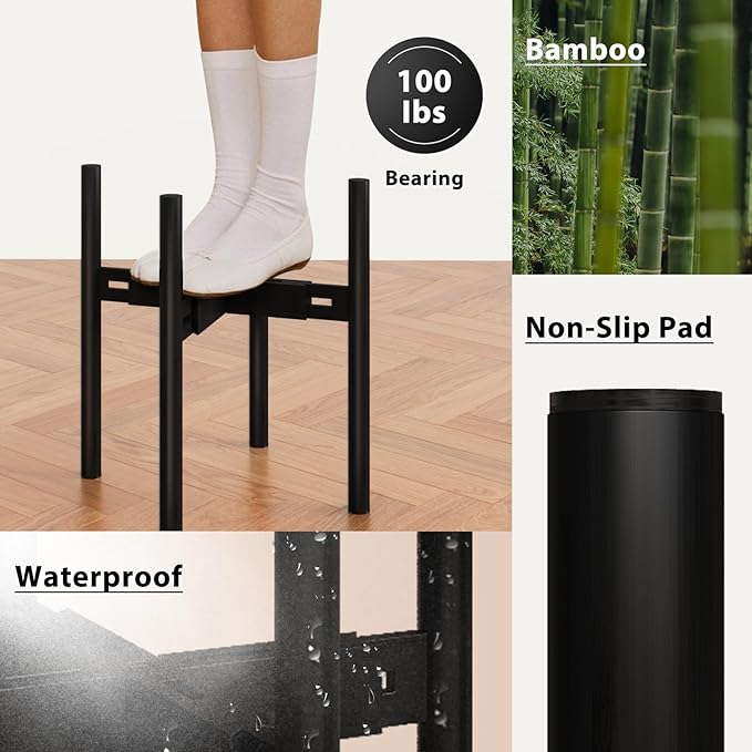 Adjustable Plant Stand Indoor, Bamboo Plant Holder 8 to 12 Inches, Small Corner Planter Stand for Indoor Plants, Single Floor Plant Stand for Living Room Balcony Bedroom, Pure Black