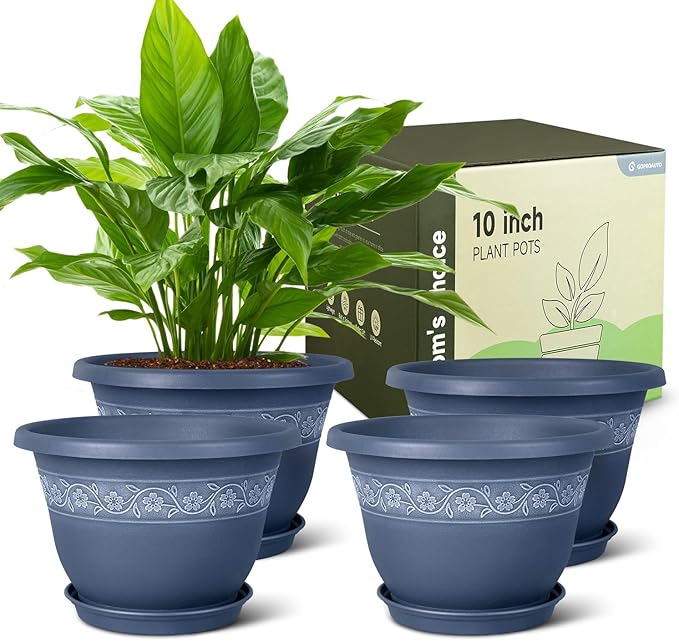 10 Inch Plant Pots with Drainage Hole - Lightweight Flower Pots for Herbs and Flowers - Home Decor Plastic Planters for Indoor Outdoor Plants- Pack of 4 (Blue, 10 inch)