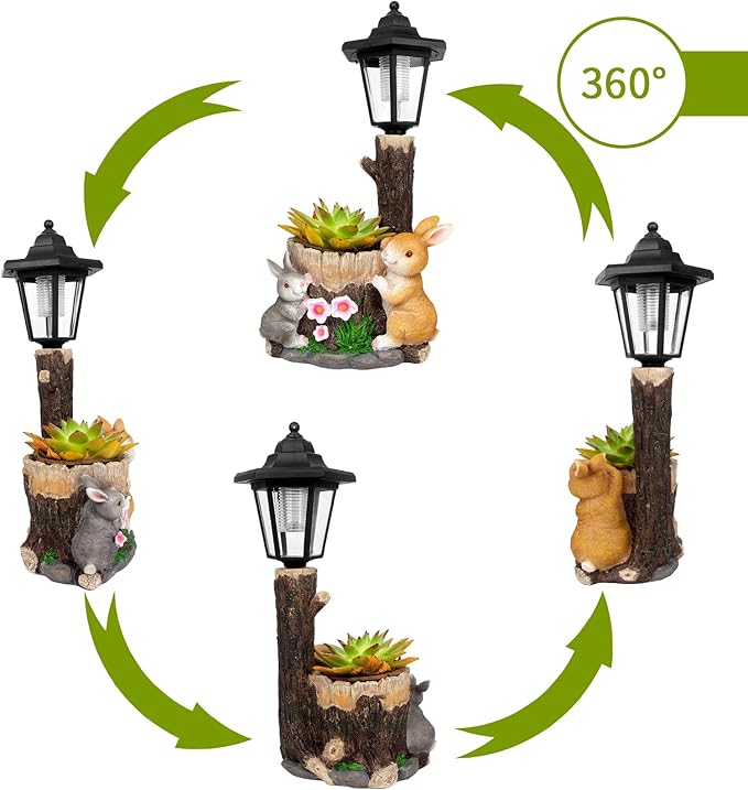 Solar Bunny Garden Stalue Outdoor, Rabbits Figurine Flowerpot Decolwith Solar Lantem for Yard Art Lawn Ornaments Porch Patio Balcony - Gardening Gifts for Women Mom