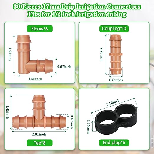 30 Pieces Drip Irrigation Kit：Drip Irrigation Parts for 1/2 Inch Drip Irrigation Tubing with 17mm 0.600" ID Drip Line Fittings Barbed Connectors Including 10 Couplings 8 Tees 6 Elbows 6 Plugs