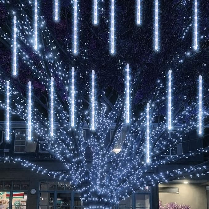 TW SHINE White Christmas Meteor Shower Lights Outdoor, 288LED 12" 8 Tubes Waterproof Christmas Lights Outdoor Plug in, Snow Falling Rain Icicle Xmas Lights Decorations, White