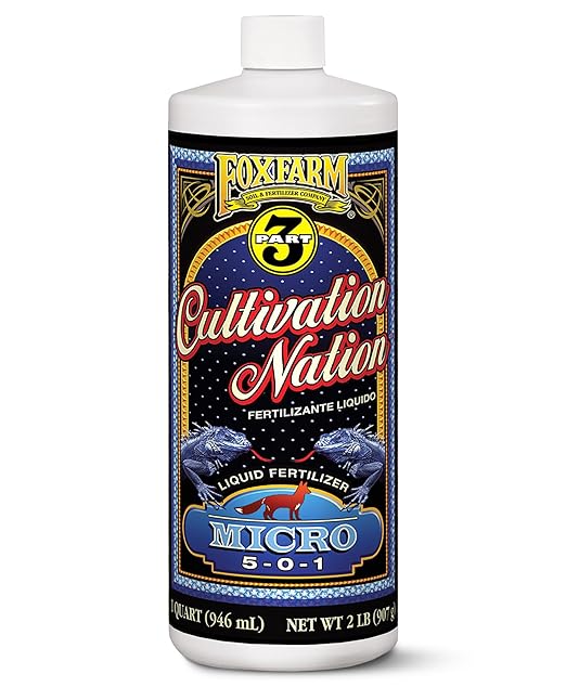 FoxFarm Cultivation Nation Micro Liquid Fertilizer - Micronutrients for Strong Plant Development, Ideal for Soil, Hydroponics & Aeroponics - Part 2 of 3-Part Feeding Program- NPK 5-0-1 (Quart)