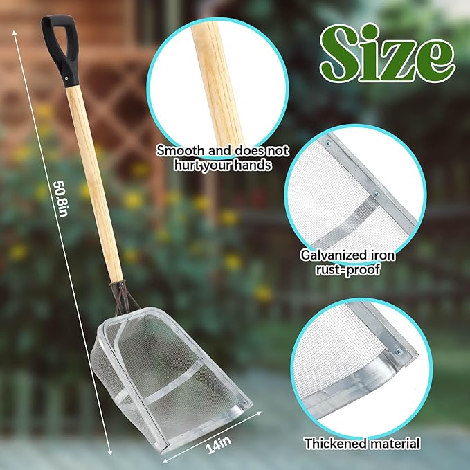 Leaking Soil Shovel Filter Stainless Steel Sieve 2mm Mesh Sifting Shovel with D Grip Wood Handle for Gardening Farm Chicken Coop and Goat Stall