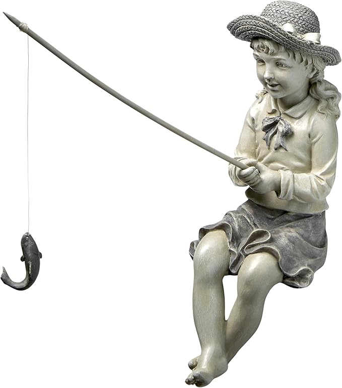 Design Toscano Big Catch Fisherwoman Nellie Girl with Fishing Pole Garden Statue, Small 11 Inch Tall, Cast Stone Resin, Two Tone Stone Finish