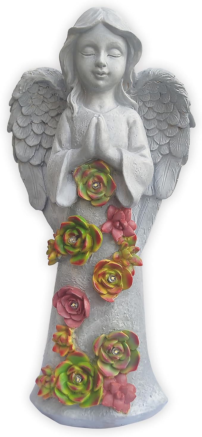 Angel Solar Garden Outdoor Statues with Succulent Plants and 6 LED Lights– Outside Solar Garden Decor Figurines -Remembrance & Sympathy Gifts Decorations