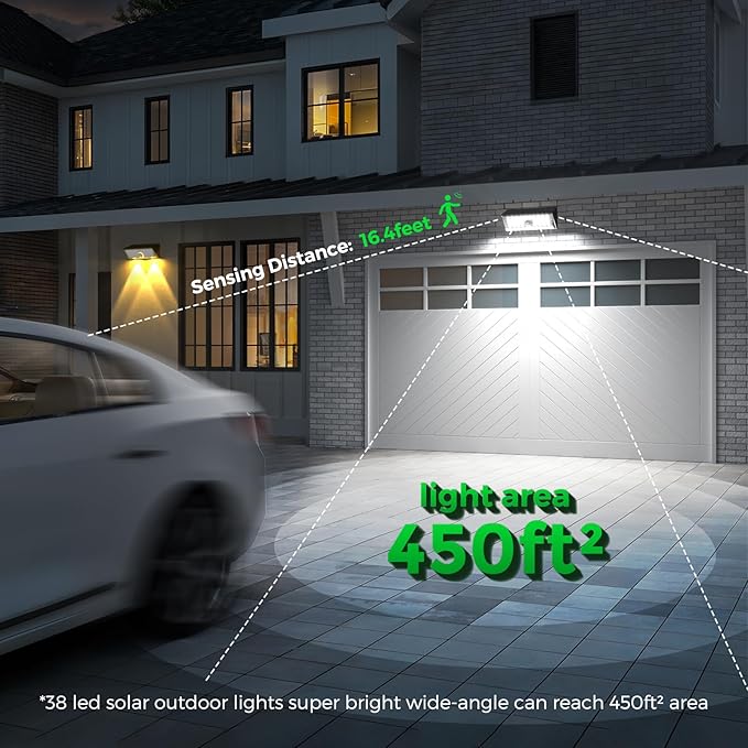 JSOT Solar Motion Lights Outdoor, 4 Modes Motion Sensor Lights Outdoor Waterproof IP65, 38LED Bright Wall Security Lighting for Outside Garage Garden Fence - Cool White 6Pack