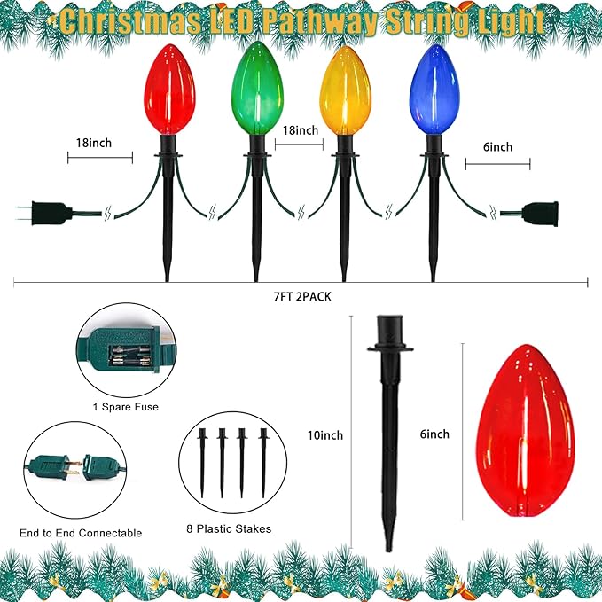 Jumbo C9 Christmas Pathway Lights Outdoor - 2 Pack Total 14 FT 8 LED C9 Giant Clear Multicolor Christmas Walkway Lights for Lawn Holiday Yard Garden Driveway Xmas Decorations