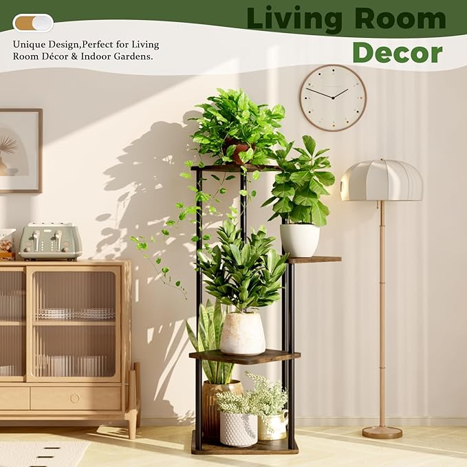 4 Tiered Plant Stand Indoor Corner Plant Shelf for Multiple Plants for Patio Garden Balcony Living Room Bedroom, Tall Metal Flower Pots Stand Relaxing for Women Gift Brown Oak