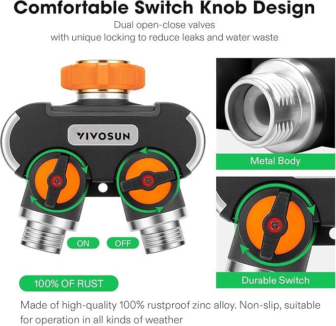 VIVOSUN Garden Hose Splitter 2 Way Heavy Duty, Upgraded Highly Durable Dual Water Hose Connector, Faucet Adapter with Comfortable Rubberized Grip for Drip Irrigation, Lawns