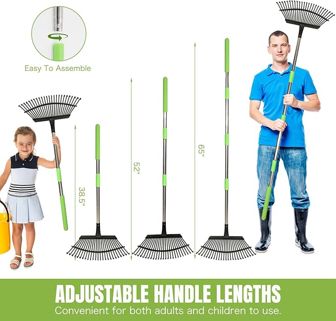 Joyhalo Rake for Leaves Adjustable 65 Inch Long, 18 Inch Wide Garden Rake with 25 Tines, Metal Leaf Rake, Rakes for Lawns, Gathering Leaves, Weeds, Debris