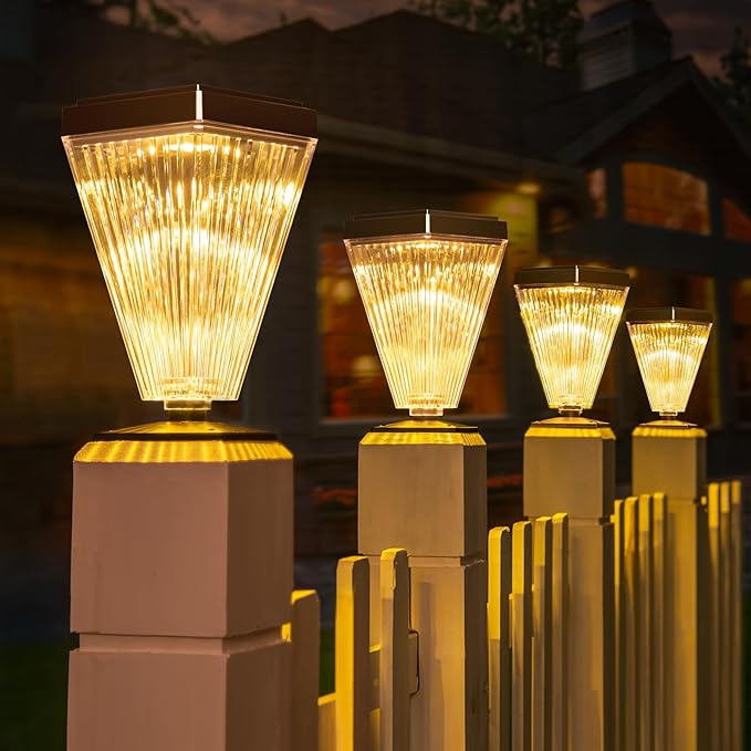Outdoor Solar Post Caps Lights-4 Pack Waterproof Solar Fence Post Solar Powered Deck Post Lights,High Brightness Warm White Led Post Lights fits 4x4, 5x5,6x6 Wooden Post