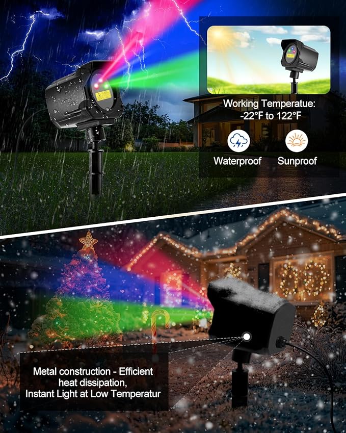 Laser Christmas Projector Lights Outdoor, 3 Color Laser Light Projector with Christmas Decorative Patterns, Waterproof, Indoor Holiday Decoration, Christmas Gift, Home Decor, Party, Garden (Black)