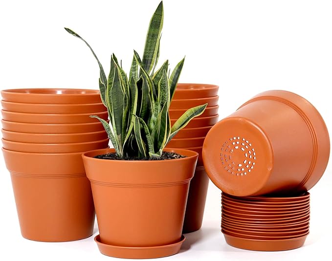 WOUSIWER 16 Pack 6 inch Plastic Planters, Plastic Indoor Planter Flower Pots, Heavy Duty and Stylish 6 Inch Plant Pots for Indoor Plants with Drainage Holes and Tray for Plants, Flowers, Terracotta