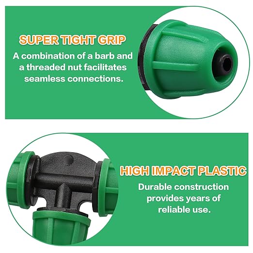 Upgraded 1/4" Drip Irrigation Fittings：50 Pieces Set-20 Couplings 15 Tees 10 Elbows 5 End Plugs, Leak Free Barbed Locked Nut Connectors for 1/4 Inch Irrigation Tubing