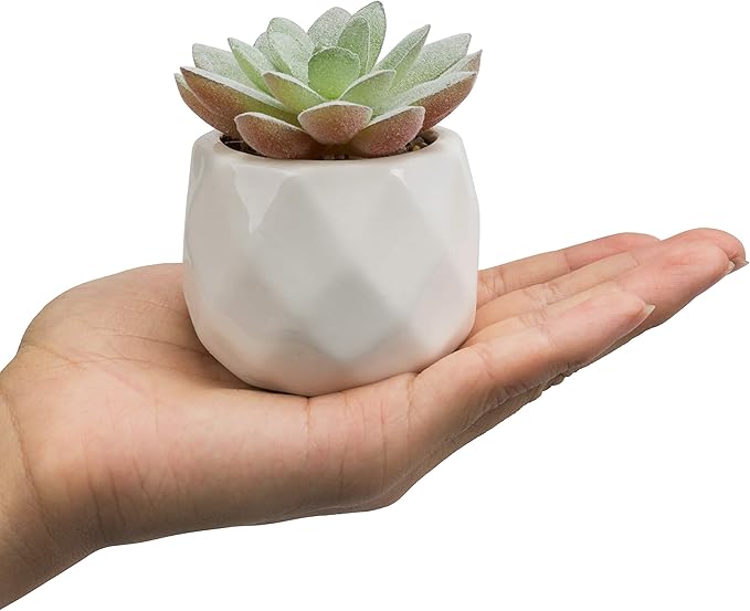MyGift Mini Assorted Green Faux Succulent, Indoor Fake Plants in Geometric Ceramic Pots, Set of 6