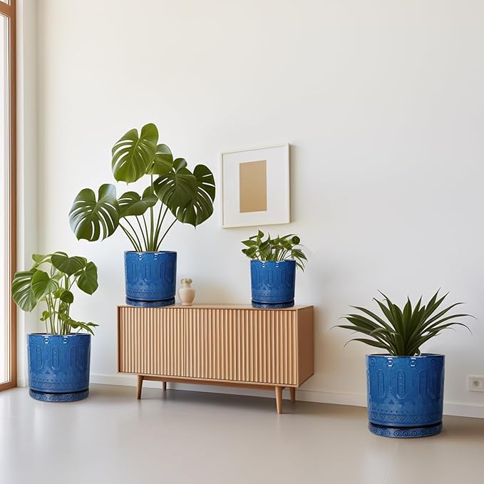 10 Inch Plant Pot - Ceramic Planter Outdoor Plant Pot Indoor with Drainage Holes and Saucer Large Flower Pot Round Decorative Planter for Garden Patio Decor Blue