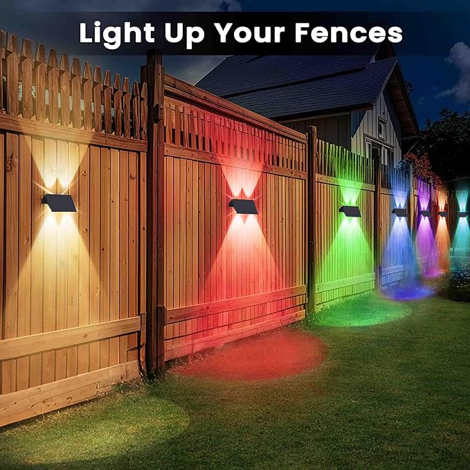 Fence Lights Solar Powered, 4-Pack Solar Fence Lights Up/Down Flexible Buttons, IP67 Waterproof for Outdoor, 120LM Bright, Auto Dusk to Dawn for Wall/Stairs/Yard/Railing/Deck/Pathway (White & RGB)