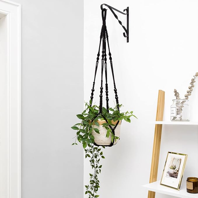 Mkono Macrame Plant Hanger Indoor Hanging Planter Basket with Wood Beads Decorative Flower Pot Holder No Tassels for Indoor Outdoor Boho Home Decor 35 Inch, Black, Set of 1 (POTS NOT Included)