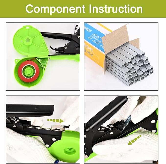 SUCA Plant Tying Machine, Plant Tape Cattle Panels for Garden,Plant Vine Tying Tool with 10000pcs Staples 21 Rolls Tape Plant Tape Gun for Grapes,Tapener (tapetool set1pcs), Green