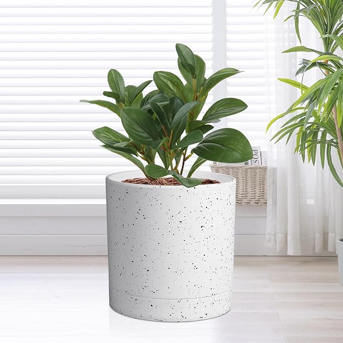6/5/4 inch Plant Pots, 3 Pack Cylinder Flower Pots for Small Indoor Outdoor Plants, Plastic Planters with Drainage Holes and Saucers for Garden Succulent House Plants, Speckled White