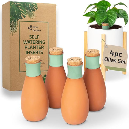 Ollas Plant Watering Globes - Terracotta Self Watering Planter Insert - Watering Bulbs for Indoor and Outdoor Plants with Easy Top Refill System - Set of 4 (Jade Green)
