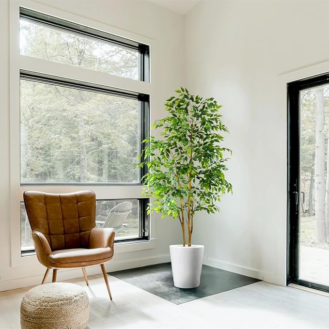 Artificial Ficus Tree, 7ft Silk Fake Ficus Leaves Plant with Basket, Indoor Outdoor Faux Green Tree for Home Garden Office House Livingroom Décor