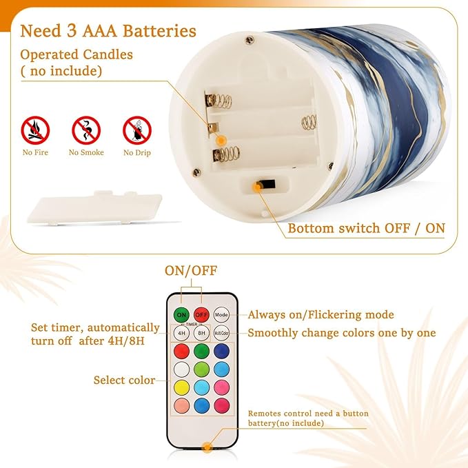 Flickering Flameless Candles, Drak Blue Golden Marble LED Candles with Remote Timer, Set of 2 Battery Operated Candle for Valentine Wedding Birthday