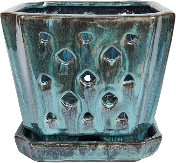 W&W Orchid Pot with Holes and Saucer for Repotting, Green Mix,7 Inches