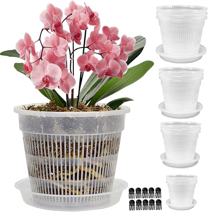12Pcs Orchid Pot, 3 Each of 4.5, 5.5, 6.3 and 7.5 Inch Orchid Pots with Holes and Saucers, Clear Orchid Pots for Repotting, Plastic Plant Pot(3 Each of 4.5,5.5, 6.3,7.5in with Saucers)